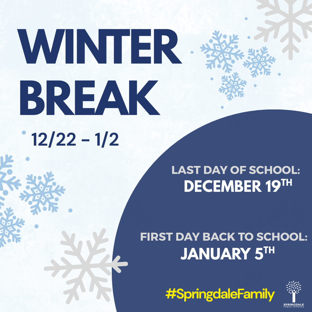 Winter Break is officially here! ❄️⛄️✨ Enjoy your time off from December 22nd through January 2nd. We can’t wait to see everyone back on campus Monday, January 5th to kick off an amazing 2026! 🎉 Happy Holidays and Happy New Year, #SpringdaleFamily! 🎊🧣