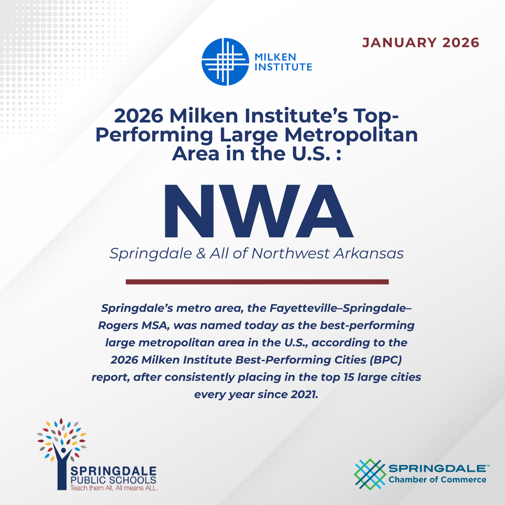 Northwest Arkansas has officially been named the #1 Top-Performing Large Metropolitan Area in the U.S. by the Milken Institute for 2026!  This ranking isn't just a number—it’s a reflection of the hard work, innovation, and heart that defines our region. From our booming economy to the incredible schools and local businesses that make Springdale feel like home, we are consistently proving that NWA is the best place to live, work, and grow.  #SpringdaleFamily 