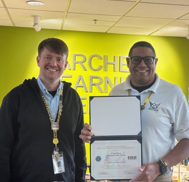 Big honors for Archer Learning Center! 🏆🇺🇸 Dr. Coby Davis recently received the Patriotic Employer Award from the Office of the Secretary of Defense! 🎖️  We’re proud to have a leader who goes above and beyond to support our staff members serving in the National Guard and Reserve. Thank you for your leadership and for making our schools a supportive home for those who serve! 👏✨  #SpringdaleFamily #PatrioticEmployer #Springdale #Arkansas 