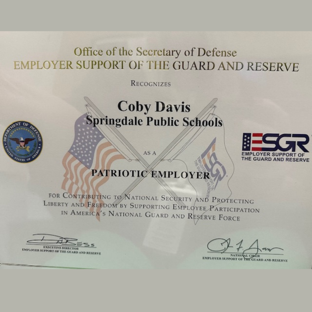 Big honors for Archer Learning Center! 🏆🇺🇸 Dr. Coby Davis recently received the Patriotic Employer Award from the Office of the Secretary of Defense! 🎖️  We’re proud to have a leader who goes above and beyond to support our staff members serving in the National Guard and Reserve. Thank you for your leadership and for making our schools a supportive home for those who serve! 👏✨  #SpringdaleFamily #PatrioticEmployer #Springdale #Arkansas 