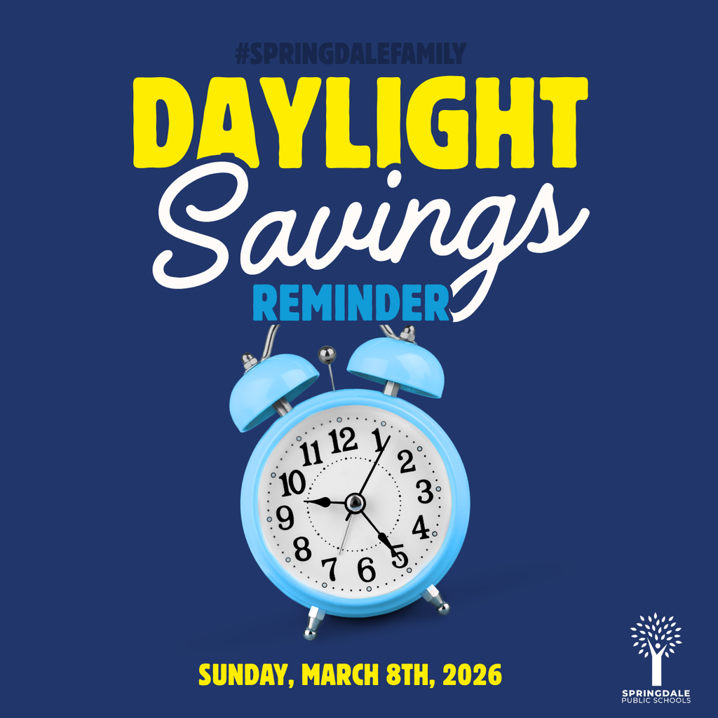 Reminder #SpringdaleFamily: ☀️Daylight Saving Time starts this Sunday, March 8th! ⏰ Don't forget to "Spring Forward" and set your clocks ahead one hour before you go to bed tonight. See you bright and early on Monday morning!✨ #DaylightSaving #SpringForward #SpringdaleFamily