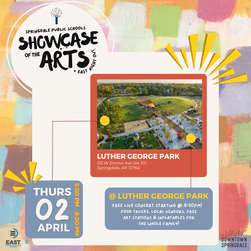 The biggest event in Downtown Springdale is almost here! 📣 On Thursday, April 2nd, Springdale Public Schools transforms Downtown into a vibrant hub of art and live music. Experience the incredible talent of our students as they turn creativity into community impact for Showcase of the Arts & EAST Night Out! We’re bringing an All-Star, award-winning FREE concert to the park: 🎸 The Main Stage: @woodboxheroes live at Luther George Park! The Full Experience: 🖼️ Student Art Gallery: Massive displays across @themedium_art & Mano’s on Emma. 🚀 EAST Night Out: Innovation and student service projects on full display. 🍔 Street Fair Vibes: Food Trucks, Local Vendors, Inflatables, & Hands-on Art. 📍 Where: Downtown Springdale (Emma Ave & Luther George Park) 🕔 When: 5:00 PM – 8:00 PM 🎟️ Admission: 100% FREE to the public! Let’s pack the streets and show up big for our students! 🙌 #SpringdaleFamily #ShowcaseOfTheArts #DowntownSpringdale #NWArkevents #springdalearkansas #Arkansas #nwarkansas #LiveMusicNWA
