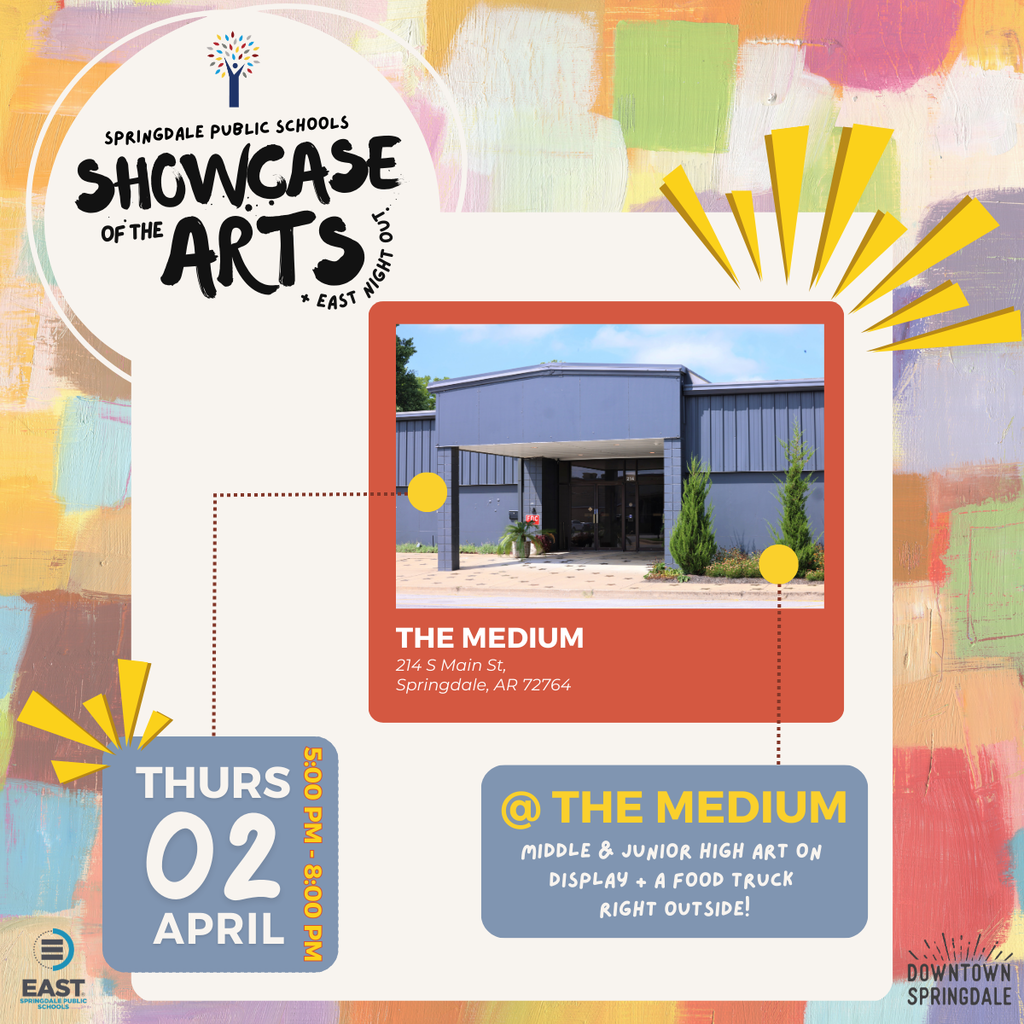 The biggest event in Downtown Springdale is almost here! 📣 On Thursday, April 2nd, Springdale Public Schools transforms Downtown into a vibrant hub of art and live music. Experience the incredible talent of our students as they turn creativity into community impact for Showcase of the Arts & EAST Night Out! We’re bringing an All-Star, award-winning FREE concert to the park: 🎸 The Main Stage: @woodboxheroes live at Luther George Park! The Full Experience: 🖼️ Student Art Gallery: Massive displays across @themedium_art & Mano’s on Emma. 🚀 EAST Night Out: Innovation and student service projects on full display. 🍔 Street Fair Vibes: Food Trucks, Local Vendors, Inflatables, & Hands-on Art. 📍 Where: Downtown Springdale (Emma Ave & Luther George Park) 🕔 When: 5:00 PM – 8:00 PM 🎟️ Admission: 100% FREE to the public! Let’s pack the streets and show up big for our students! 🙌 #SpringdaleFamily #ShowcaseOfTheArts #DowntownSpringdale #NWArkevents #springdalearkansas #Arkansas #nwarkansas #LiveMusicNWA