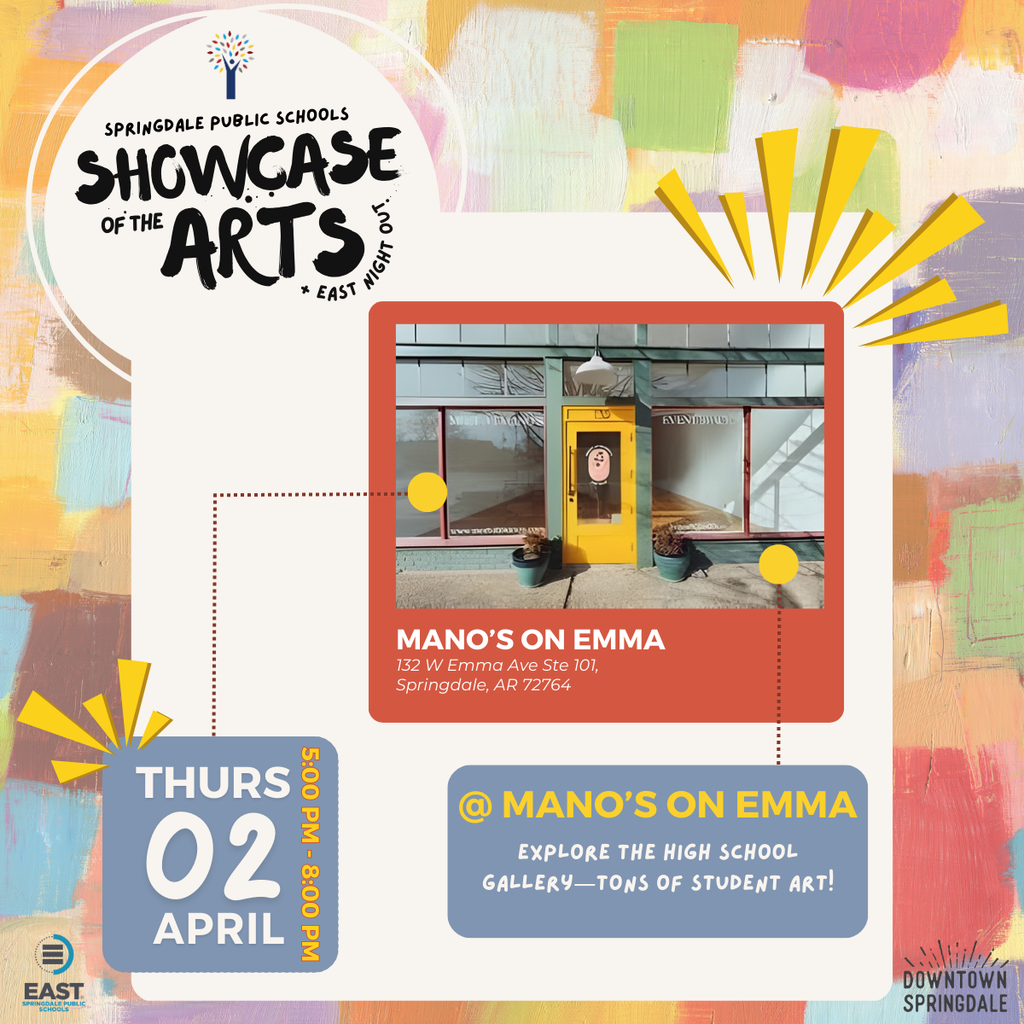 The biggest event in Downtown Springdale is almost here! 📣 On Thursday, April 2nd, Springdale Public Schools transforms Downtown into a vibrant hub of art and live music. Experience the incredible talent of our students as they turn creativity into community impact for Showcase of the Arts & EAST Night Out! We’re bringing an All-Star, award-winning FREE concert to the park: 🎸 The Main Stage: @woodboxheroes live at Luther George Park! The Full Experience: 🖼️ Student Art Gallery: Massive displays across @themedium_art & Mano’s on Emma. 🚀 EAST Night Out: Innovation and student service projects on full display. 🍔 Street Fair Vibes: Food Trucks, Local Vendors, Inflatables, & Hands-on Art. 📍 Where: Downtown Springdale (Emma Ave & Luther George Park) 🕔 When: 5:00 PM – 8:00 PM 🎟️ Admission: 100% FREE to the public! Let’s pack the streets and show up big for our students! 🙌 #SpringdaleFamily #ShowcaseOfTheArts #DowntownSpringdale #NWArkevents #springdalearkansas #Arkansas #nwarkansas #LiveMusicNWA