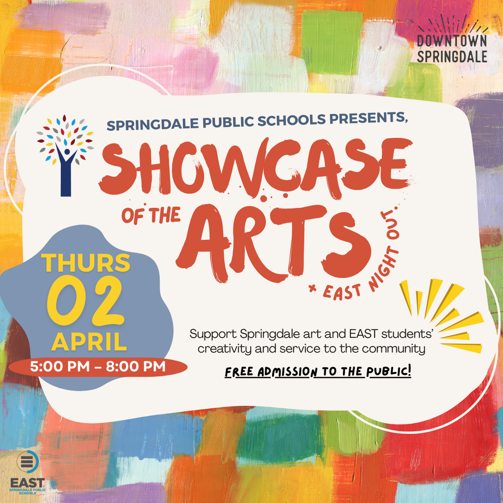 The biggest event in Downtown Springdale is almost here! 📣 On Thursday, April 2nd, Springdale Public Schools transforms Downtown into a vibrant hub of art and live music. Experience the incredible talent of our students as they turn creativity into community impact for Showcase of the Arts & EAST Night Out! We’re bringing an All-Star, award-winning FREE concert to the park: 🎸 The Main Stage: @woodboxheroes live at Luther George Park! The Full Experience: 🖼️ Student Art Gallery: Massive displays across @themedium_art & Mano’s on Emma. 🚀 EAST Night Out: Innovation and student service projects on full display. 🍔 Street Fair Vibes: Food Trucks, Local Vendors, Inflatables, & Hands-on Art. 📍 Where: Downtown Springdale (Emma Ave & Luther George Park) 🕔 When: 5:00 PM – 8:00 PM 🎟️ Admission: 100% FREE to the public! Let’s pack the streets and show up big for our students! 🙌 #SpringdaleFamily #ShowcaseOfTheArts #DowntownSpringdale #NWArkevents #springdalearkansas #Arkansas #nwarkansas #LiveMusicNWA