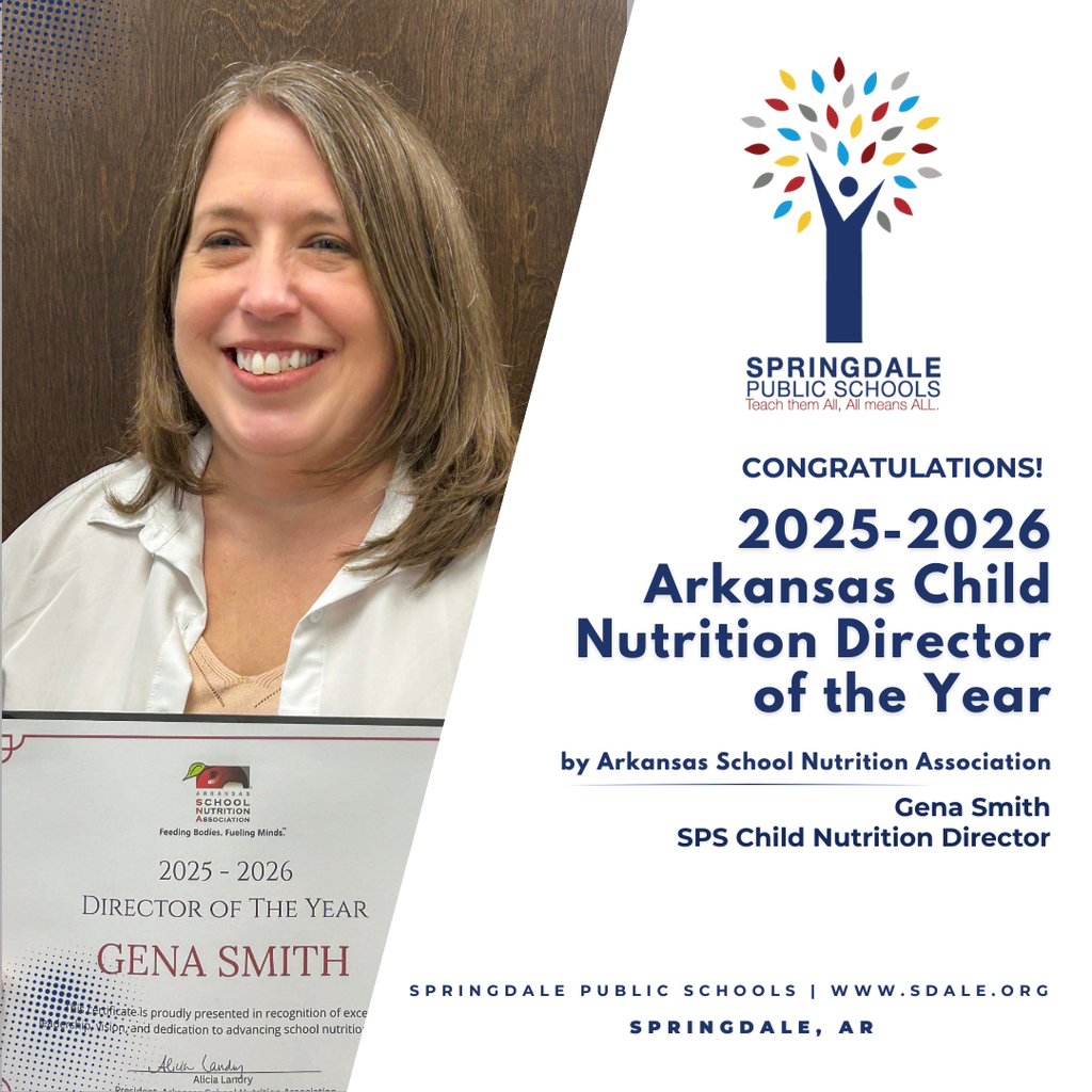 Another win for the #SpringdaleFamily! 🏆🍎  We are bursting with pride for Gena Smith, our Child Nutrition Director! 🌟  At the Arkansas School Nutrition Association conference, Gena was officially named the Arkansas Child Nutrition Director of the Year! We are so lucky to have her heart and dedication leading the way for our students every single day.  Help us show Gena some major love in the comments! 👇👏👏  #SpringdaleFamily #ChildNutrition #ArkansasSchoolNutrition #Arkansas #SNA #springdalearkansas