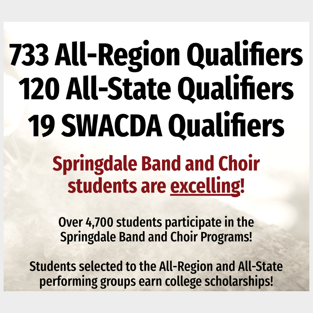 Excellence in SPS High School Bands: #SpringdaleFamily is so proud of your massive accomplishments—with 733 All-Region, 120 All-State, and 19 SWACDA qualifiers, we are celebrating excellence at every level! Join the family today at www.sdale.org. 🎺🏆