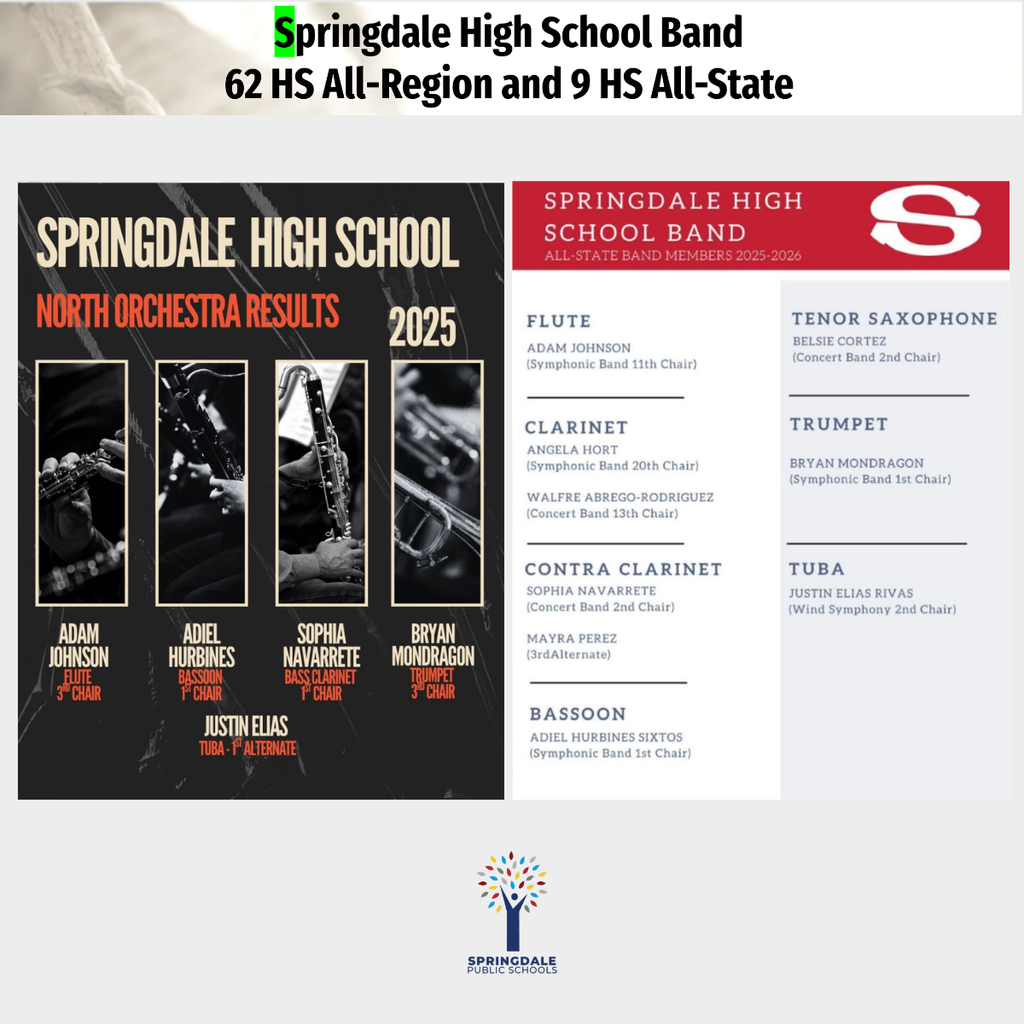 Excellence in SPS High School Bands: #SpringdaleFamily is so proud of your massive accomplishments—with 733 All-Region, 120 All-State, and 19 SWACDA qualifiers, we are celebrating excellence at every level! Join the family today at www.sdale.org. 🎺🏆
