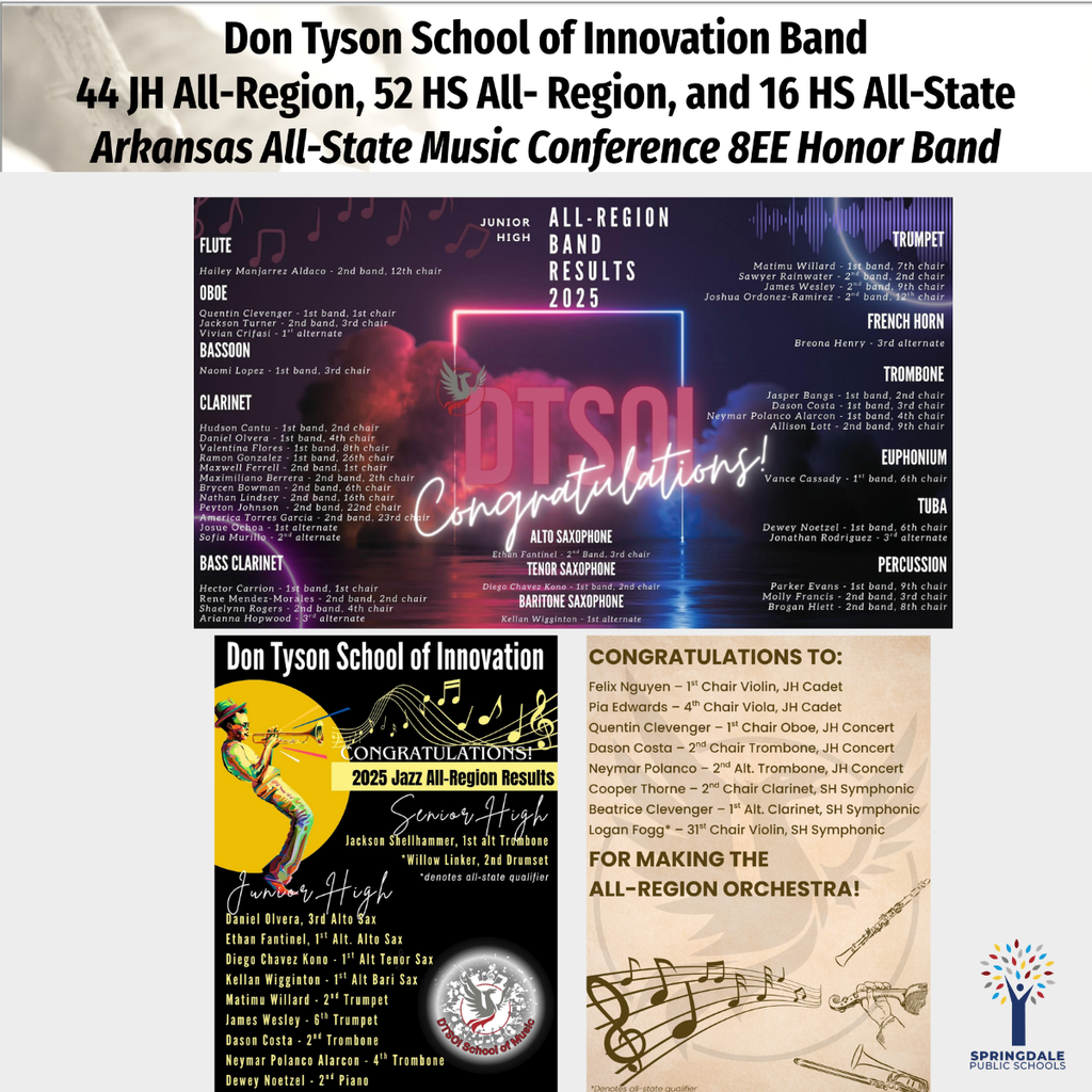 Excellence in SPS Middle and Junior High Bands: #SpringdaleFamily is so proud of your massive accomplishments—with 733 All-Region, 120 All-State, and 19 SWACDA qualifiers, we are celebrating excellence at every level! Join the family today at www.sdale.org. 🎷🌟