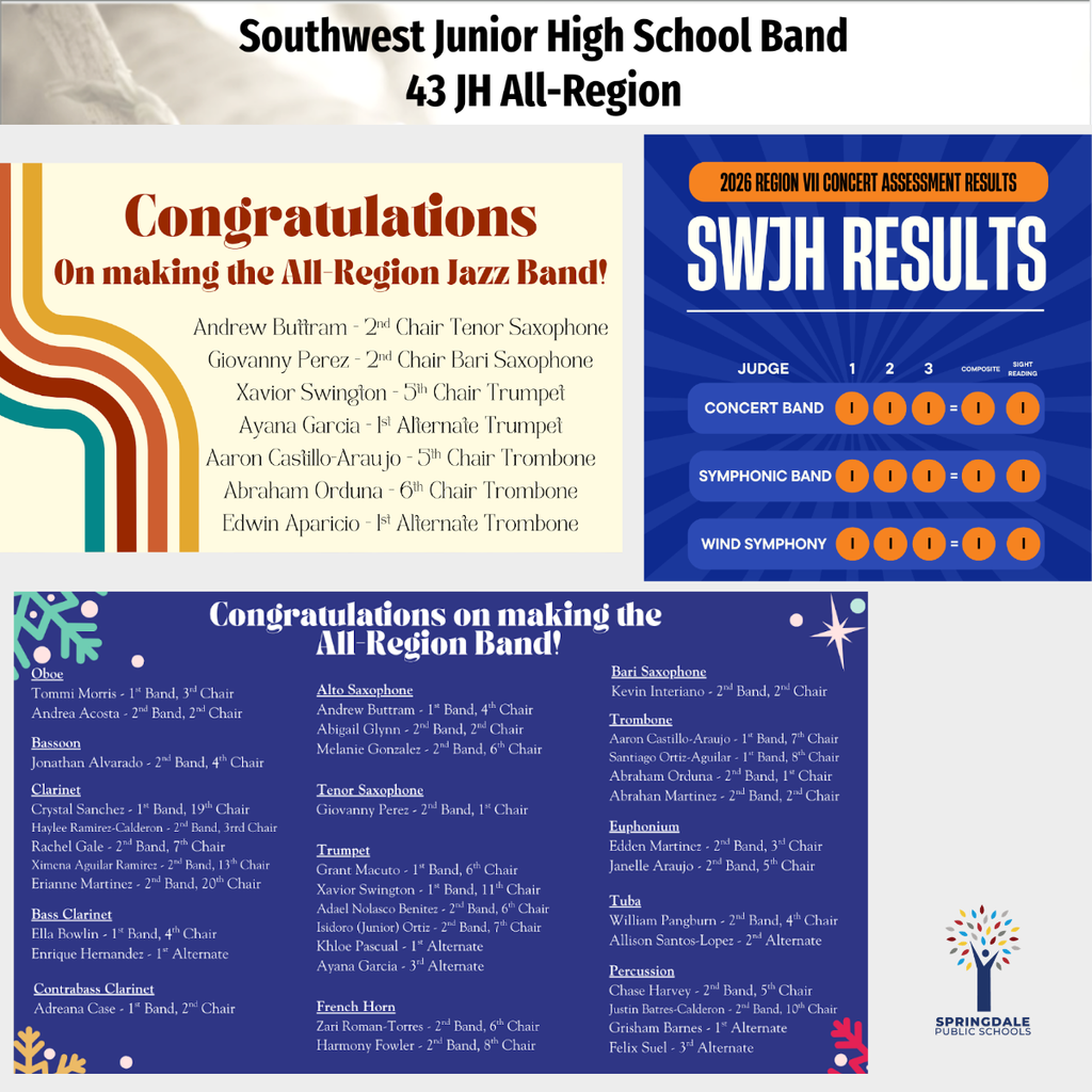 Excellence in SPS Middle and Junior High Bands: #SpringdaleFamily is so proud of your massive accomplishments—with 733 All-Region, 120 All-State, and 19 SWACDA qualifiers, we are celebrating excellence at every level! Join the family today at www.sdale.org. 🎷🌟