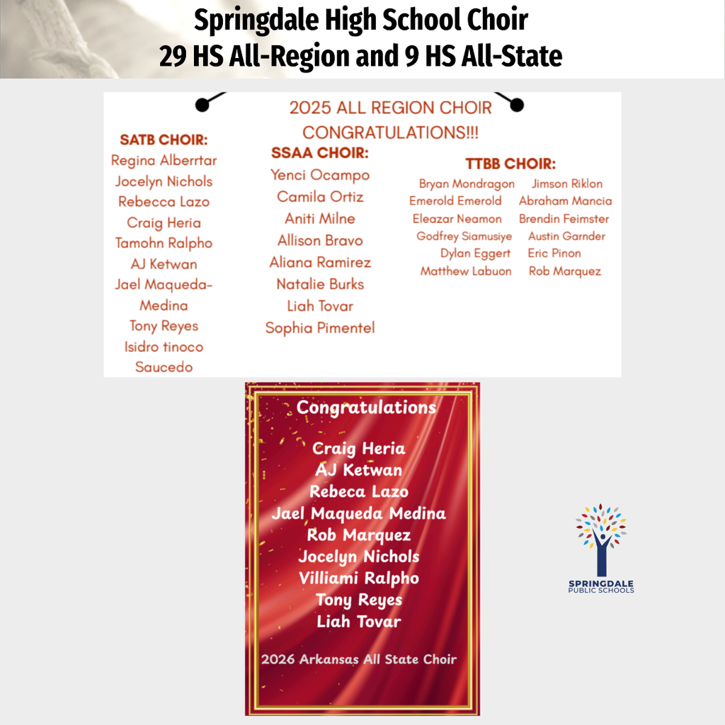 Excellence in SPS High School Choirs: #SpringdaleFamily is so proud of your massive accomplishments—with 733 All-Region, 120 All-State, and 19 SWACDA qualifiers, we are celebrating excellence at every level! Join the family today at www.sdale.org. 🎤🎶