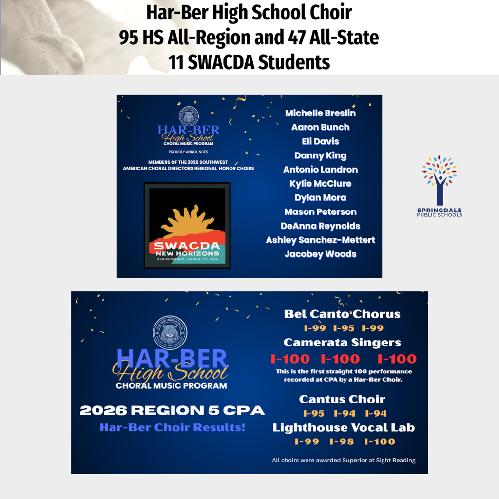 Excellence in SPS High School Choirs: #SpringdaleFamily is so proud of your massive accomplishments—with 733 All-Region, 120 All-State, and 19 SWACDA qualifiers, we are celebrating excellence at every level! Join the family today at www.sdale.org. 🎤🎶