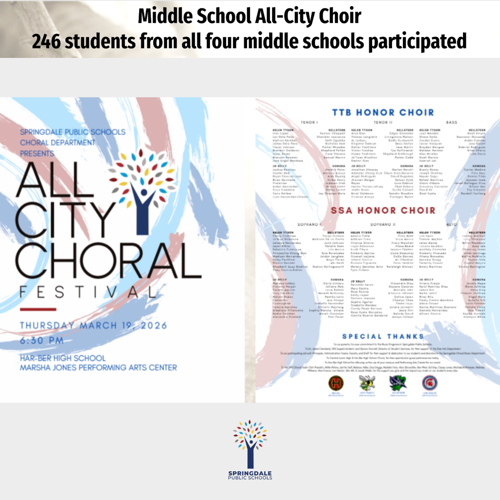 Excellence in SPS Middle and Junior High Choirs: #SpringdaleFamily is so proud of your massive accomplishments—with 733 All-Region, 120 All-State, and 19 SWACDA qualifiers, we are celebrating excellence at every level! Join the family today at www.sdale.org. 🎼✨