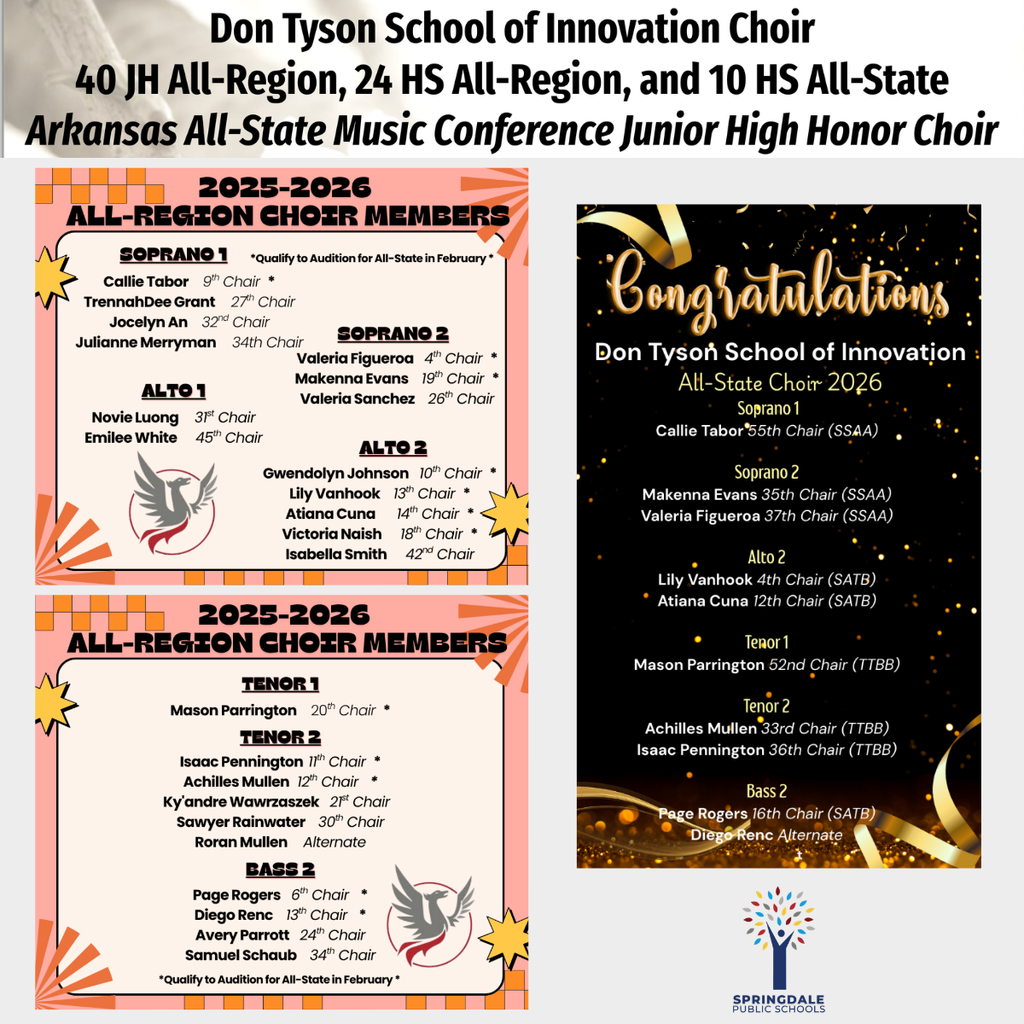 Excellence in SPS Middle and Junior High Choirs: #SpringdaleFamily is so proud of your massive accomplishments—with 733 All-Region, 120 All-State, and 19 SWACDA qualifiers, we are celebrating excellence at every level! Join the family today at www.sdale.org. 🎼✨