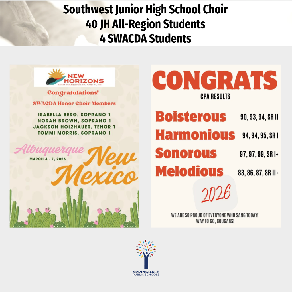 Excellence in SPS Middle and Junior High Choirs: #SpringdaleFamily is so proud of your massive accomplishments—with 733 All-Region, 120 All-State, and 19 SWACDA qualifiers, we are celebrating excellence at every level! Join the family today at www.sdale.org. 🎼✨