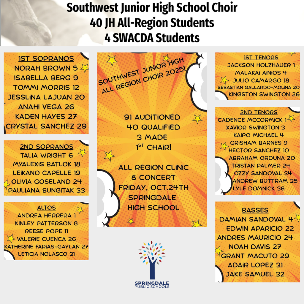 Excellence in SPS Middle and Junior High Choirs: #SpringdaleFamily is so proud of your massive accomplishments—with 733 All-Region, 120 All-State, and 19 SWACDA qualifiers, we are celebrating excellence at every level! Join the family today at www.sdale.org. 🎼✨