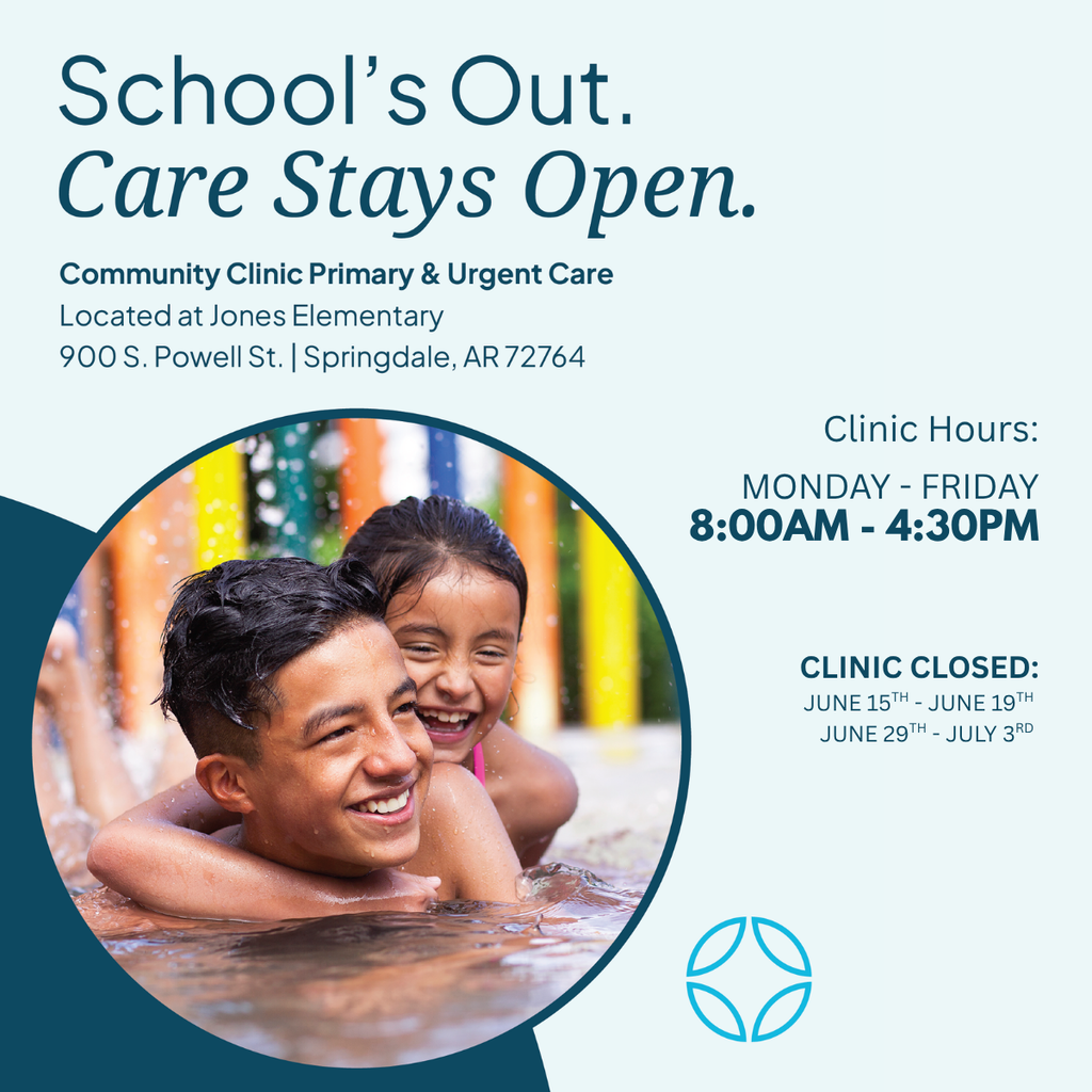 ☀️Community Clinic’s school-based locations are open all summer for the whole family. Walk in or schedule your appointment today at communityclinic.net. Elmdale Elementary M-F | 7:30 am – 4:00 pm Closed: July 3rd Parson Hills Elementary M-F | 7:30 am – 4:00 pm Closed: July 3rd Central Junior High M-F | 7:30 am – 4:00 pm Closed: June 19th – June 29th and July 3rd @George Elementary M-F | 8:00 am – 4:30 pm Closed: July 3rd Jones Elementary M-F | 8:00 am – 4:30 pm Closed: June 15th – June 19th and July 3rd Visit Community Clinic Today! 👋 Walk in or book online at communityclinic.net 💻✨ #SpringdaleFamily