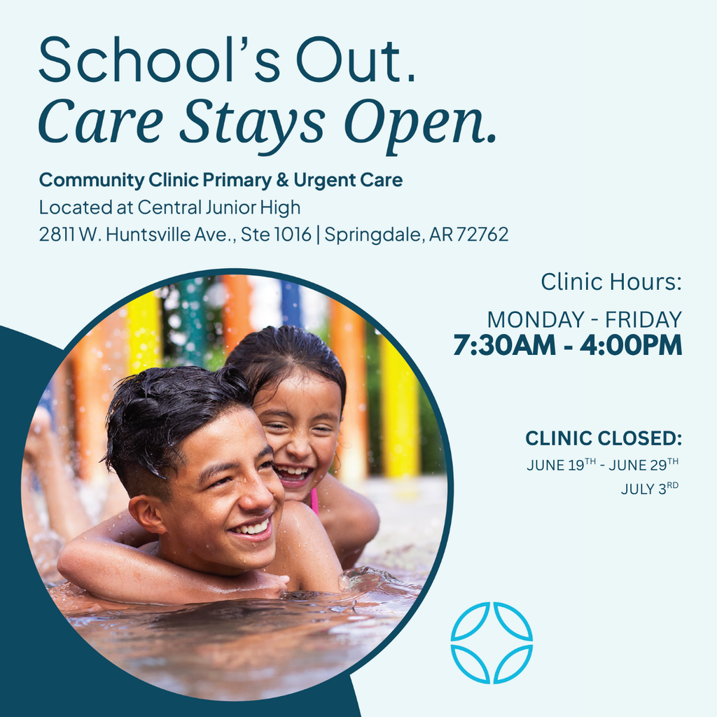 ☀️Community Clinic’s school-based locations are open all summer for the whole family. Walk in or schedule your appointment today at communityclinic.net. Elmdale Elementary M-F | 7:30 am – 4:00 pm Closed: July 3rd Parson Hills Elementary M-F | 7:30 am – 4:00 pm Closed: July 3rd Central Junior High M-F | 7:30 am – 4:00 pm Closed: June 19th – June 29th and July 3rd @George Elementary M-F | 8:00 am – 4:30 pm Closed: July 3rd Jones Elementary M-F | 8:00 am – 4:30 pm Closed: June 15th – June 19th and July 3rd Visit Community Clinic Today! 👋 Walk in or book online at communityclinic.net 💻✨ #SpringdaleFamily