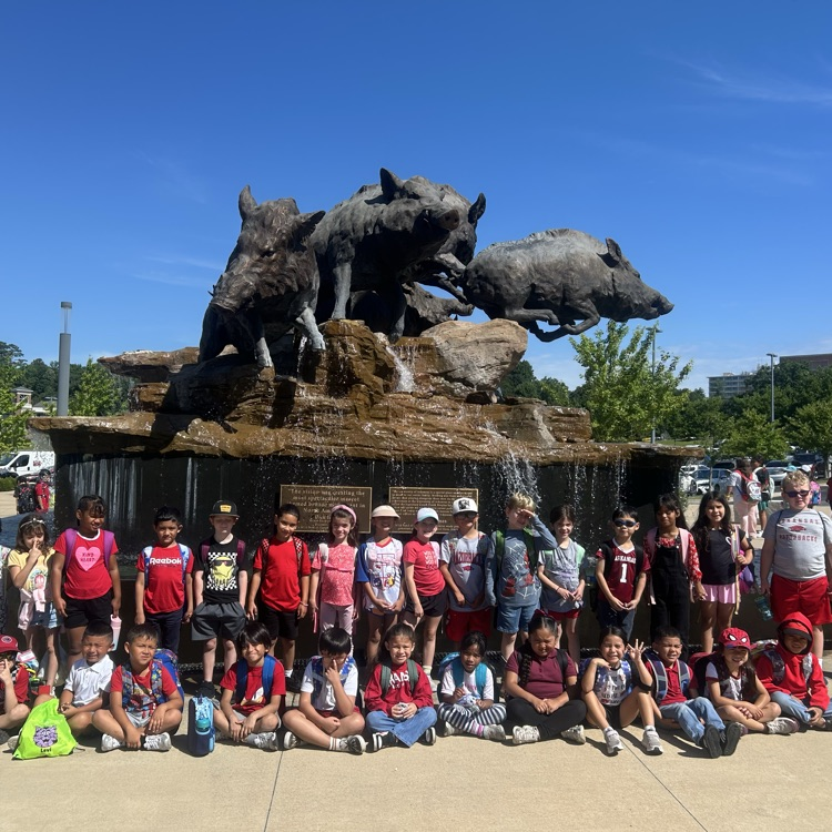 Students posed in front of the band of Razorbacks water fountain. 