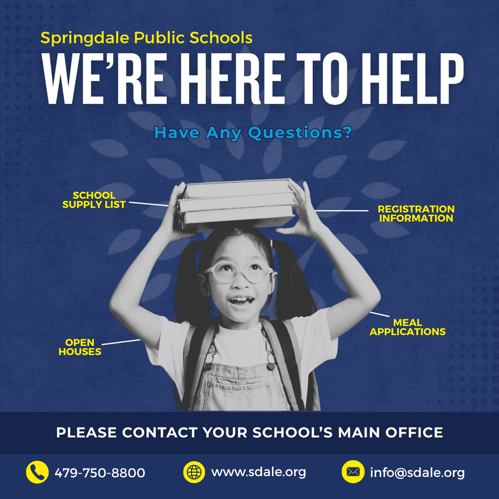 As the #SpringdaleFamily gets ready for the first day of school on August 10th, we have one big message: WE’RE HERE TO HELP! 👋✨  We know back-to-school comes with lots of questions. For info on School Supply Lists, Open Houses, Registration, and Meal Applications, please contact your school’s main office or check out www.sdale.org! 📞💻  We are so excited for a great year together! ❤️🏫  #SpringdaleFamily #SpringdaleAR #backtoschool #publicschools