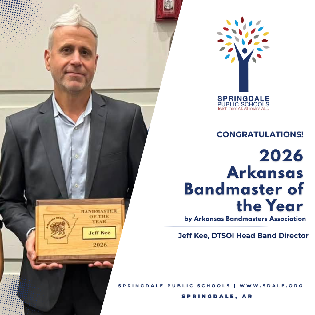 Let’s hear it for Don Tyson School of Innovation Head Band Director Jeff Kee! 🎺👏  Jeff Kee was recently named the 2026 Arkansas Bandmaster of the Year—the highest individual distinction presented by the Arkansas Bandmasters Association. 🏆  The honor highlights three decades of exceptional leadership and a lifelong commitment to music education in our state. We are so proud to celebrate Mr. Kee on this well-deserved recognition! 🎉🎶  #SpringdalePublicSchools #SpringdaleAR #SPSFamily #DTSOI #EducationExcellence #SpringdaleFamily 