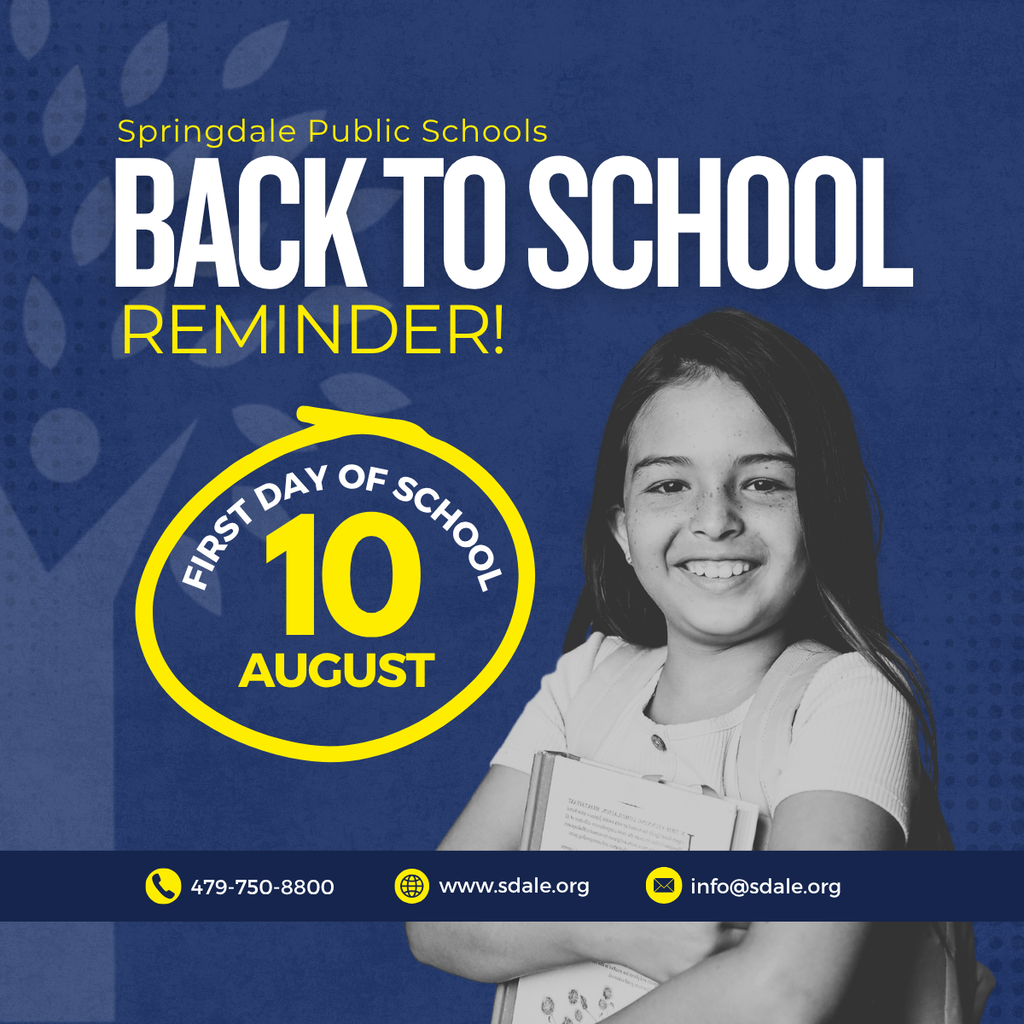 Monday, August 10th is almost here! ⏰📚  Need back-to-school details? Reach out directly to your school’s main office or check www.sdale.org for info on supply lists, registration, and meal apps! 📞💻  Let’s have a great year, #SpringdaleFamily! ❤️🎒  #SpringdaleFamily #SpringdaleAR #BackToSchool