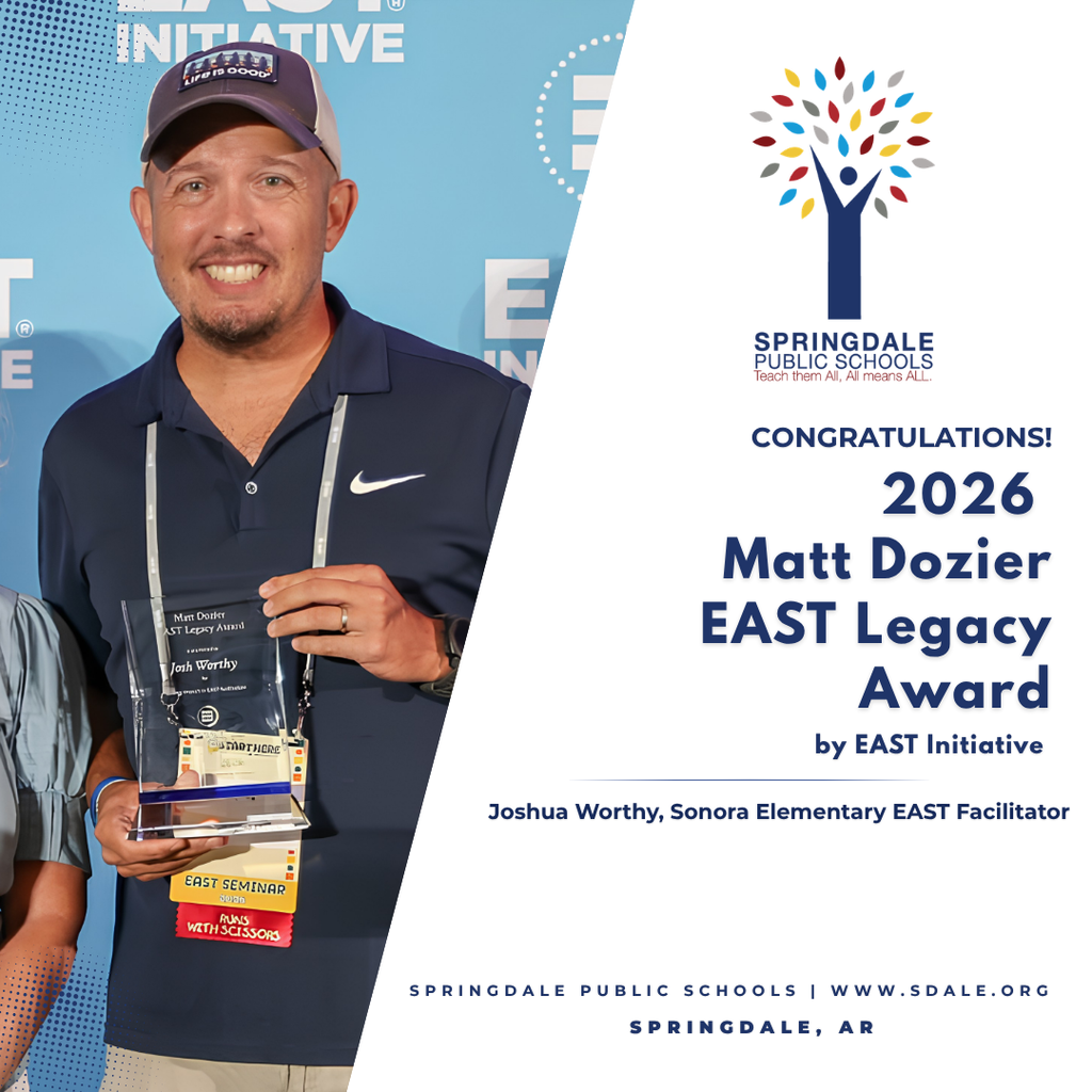 We’ve got BIG news! 🚨🏆  Huge congratulations to Joshua Worthy, EAST Facilitator at Sonora Elementary School of Innovation, for winning the 2026 Matt Dozier EAST Legacy Award! 🌟  For over 15 years, Mr. Worthy has been inspiring students, building leaders, and making a lasting impact on our community. We couldn't be prouder to have him in our #SpringdaleFamily ! 👏✨