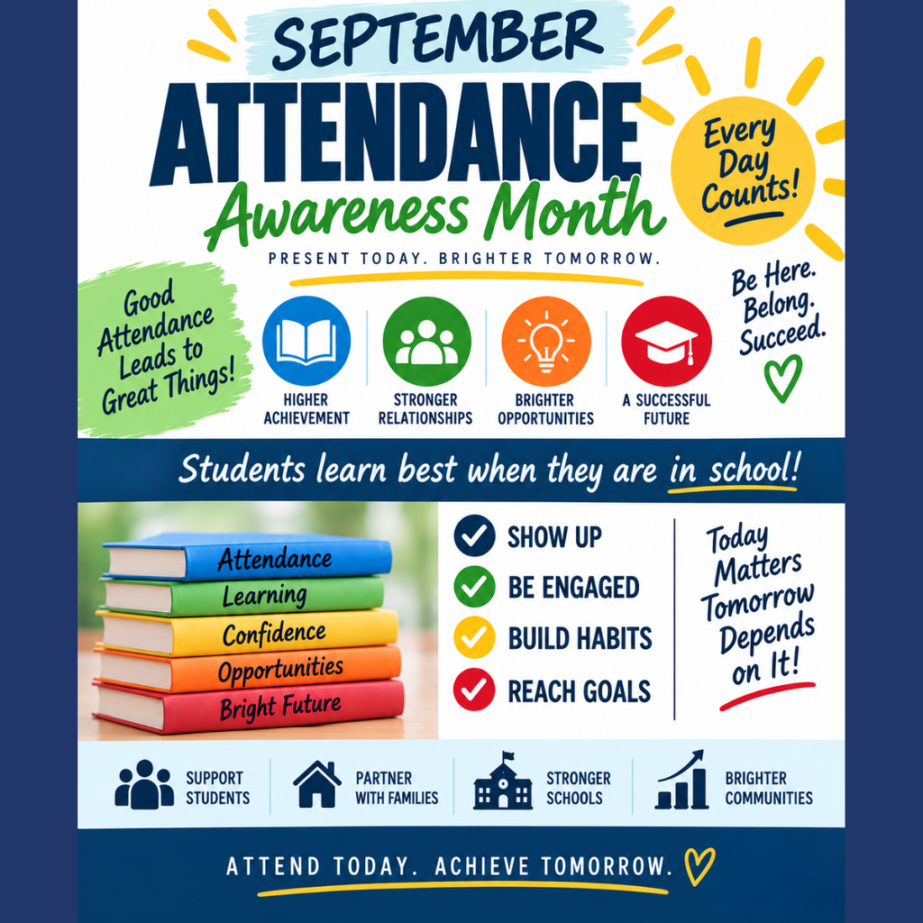 September is Attendance Awareness Month!  Every day in school matters! Regular attendance helps students learn, build strong relationships, develop confidence, and create brighter opportunities for the future. We encourage our students and families to make attendance a priority throughout September and all year long.  Be Here. Belong. Succeed. Attend Today. Achieve Tomorrow. Thank you to our students, families, teachers, and staff for working together to support strong attendance across Springdale Public Schools!