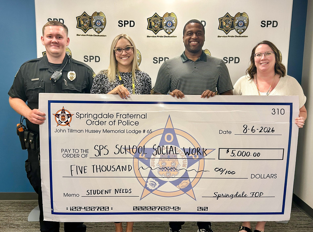 Big news for our students! 🤝 A huge thank you to the Springdale Fop, Fraternal Order of Police, Foundation for their generous $5,000 donation to our district’s Social Worker program! ✨ Raised during their summer charity softball tournament, these funds will go directly toward basic-needs items for students facing unexpected crisis or hardship—ensuring every child can come to school supported and ready to learn. We are so grateful to the Springdale FOP Foundation, sponsors, and players for investing in our kids and helping us meet our students where they are! ❤️