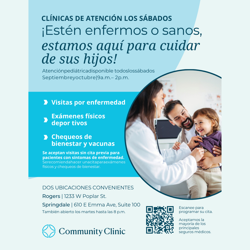 Check this out! #SpringdaleFamily! 🩺✨ Saturday plans can include a doctor’s visit, too. Community Clinic is offering pediatric care every Saturday in September and October at their Rogers and Springdale locations. 🗓️ Saturday Clinics: 9 a.m. – 2 p.m. 💻 Schedule an appointment: https://communityclinic.net/ 🚶♂️ Walk-ins welcome for sick visits!