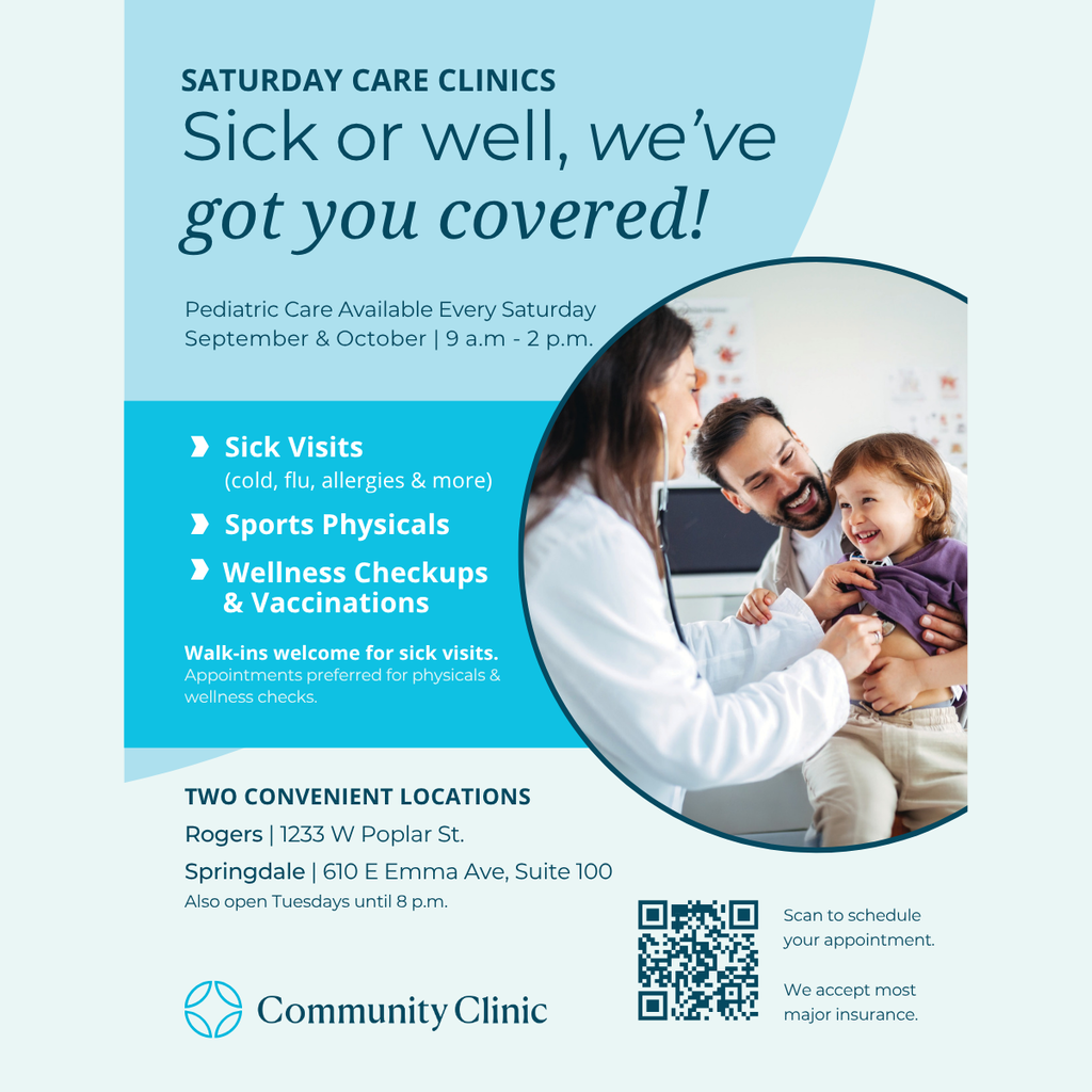 Check this out! #SpringdaleFamily! 🩺✨ Saturday plans can include a doctor’s visit, too. Community Clinic is offering pediatric care every Saturday in September and October at their Rogers and Springdale locations. 🗓️ Saturday Clinics: 9 a.m. – 2 p.m. 💻 Schedule an appointment: https://communityclinic.net/ 🚶♂️ Walk-ins welcome for sick visits!