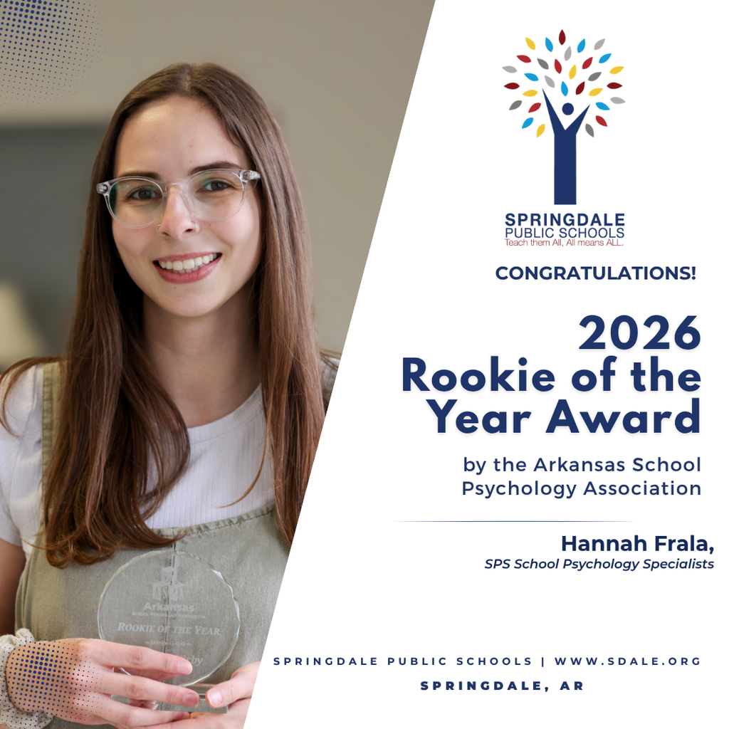 When passion meets purpose, incredible work happens. ✨  School Psychology Specialist Hannah Frala was recognized as Rookie of the Year at the Arkansas School Psychology Association Conference for her dedication to supporting our students, families, and staff.  In less than five years in the field, Hannah has made a meaningful impact across our district every single day. We are proud to have her in our #SpringdaleFamily !   #SpringdaleFamily #ExcellenceInSpringdale #SpringdalePublicSchools #SpringdaleAR #NWAKids #NWACommunity #ArkansasEducation #SchoolPsychology