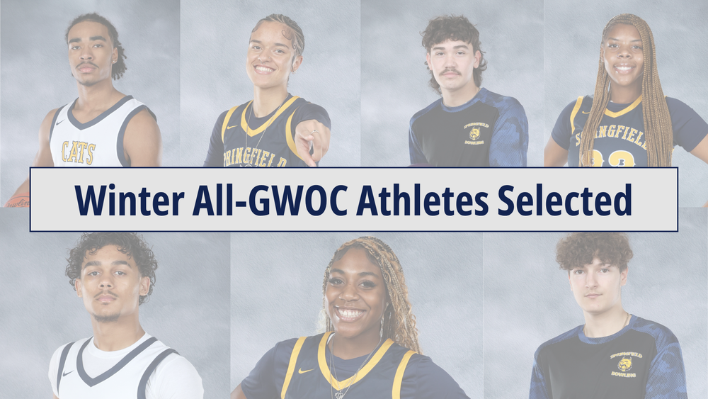 7 students pictures behind text that says 'Winter All-GWOC Athletes Selected'