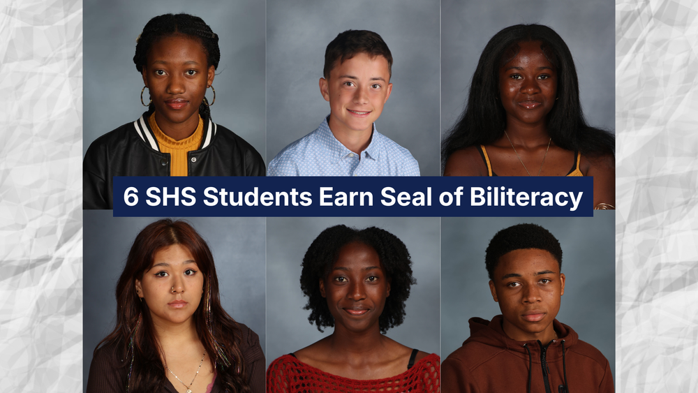6 students' school photos with text overlaying that says '6 SHS students earn seal of biliteracy'