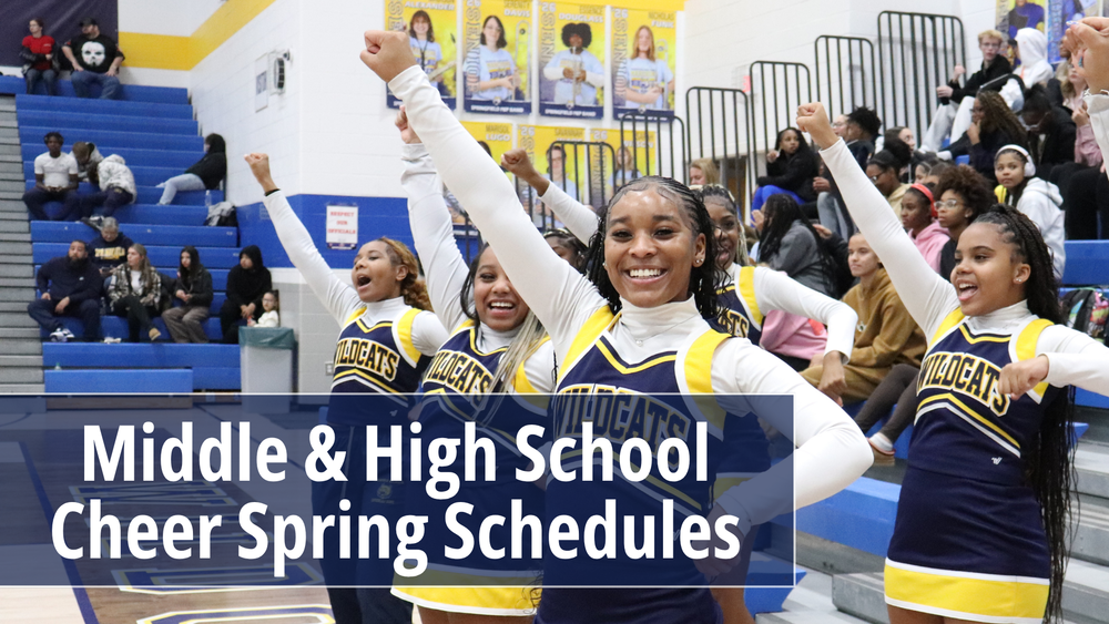 Middle & high school cheer spring schedules advertisement on top of a photo of a cheerleader