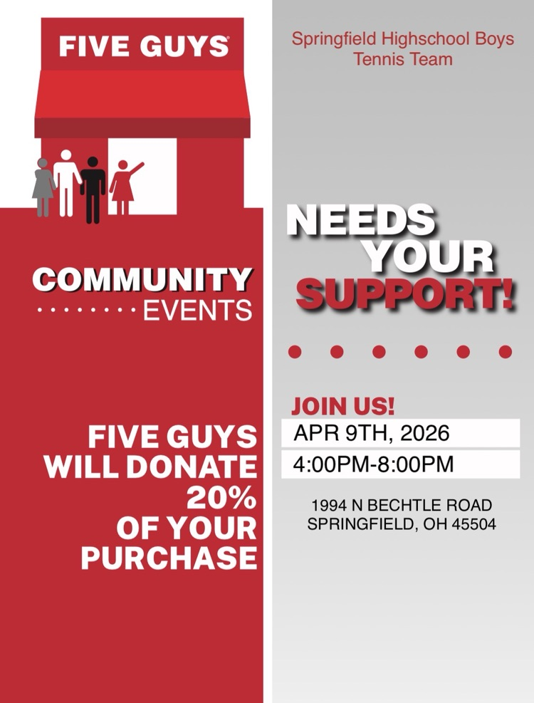 Fundraiser for Boys Tennis at Five Guys on 4/9 from 4-8pm  