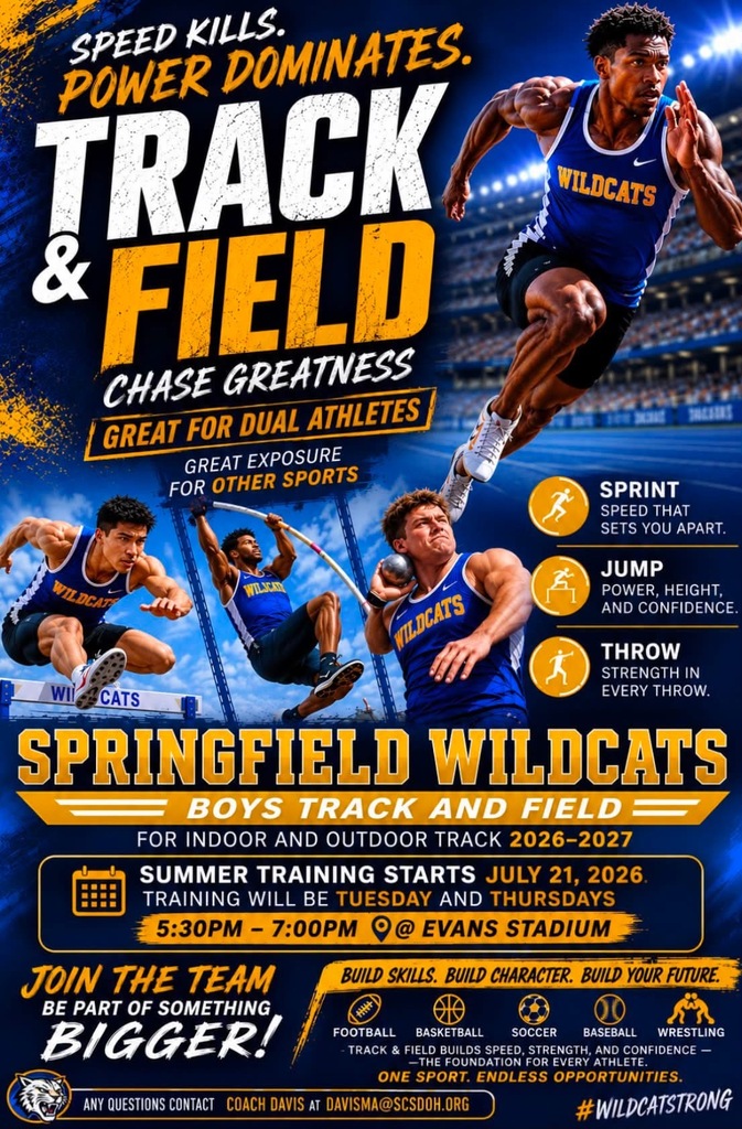 Flyer with track and field information. Summer training starting July 21st 5:30-7:00