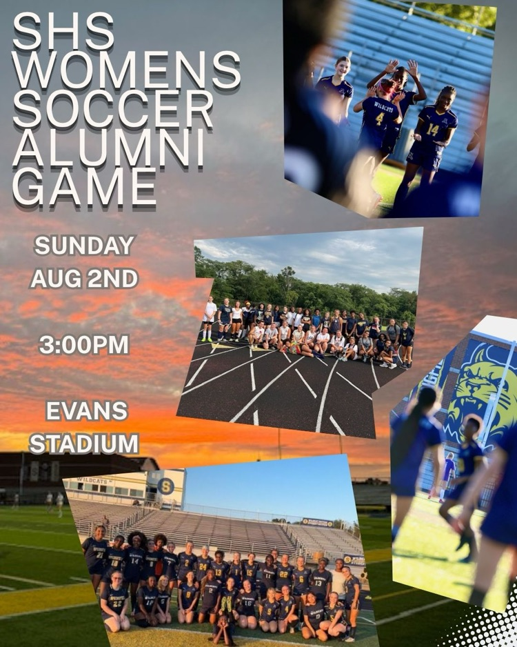 flyer advertising SHS women’s Soccer alumni game August 2 @ 3pm at Evans Field 