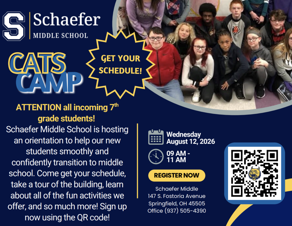 Cats Camp flyer -- August 12, 2026 from 9-11 am at Schaefer Middle School
