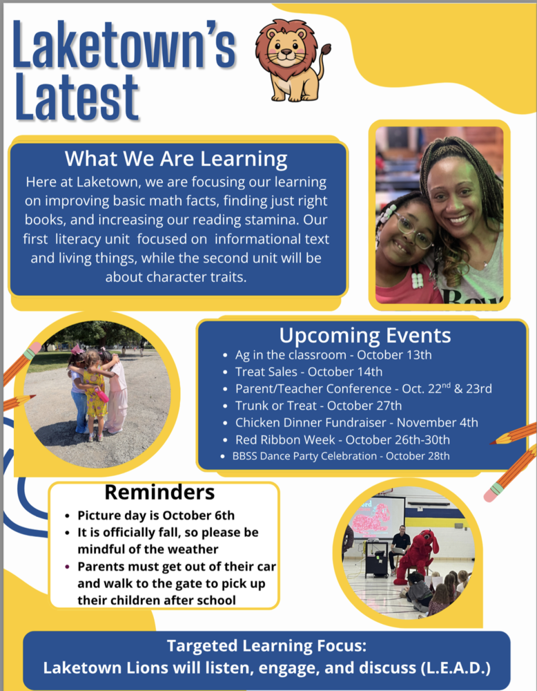 Colorful newsletter outlining the events happening at Laketown Elementary School