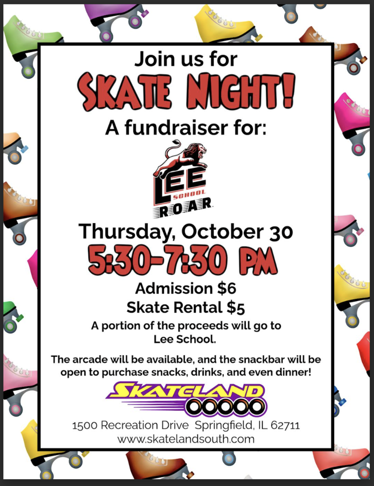 Skate night flyer with time 5:30-7:30 pm, location: Skateland South and prices of admission $6, $5 to rent skates