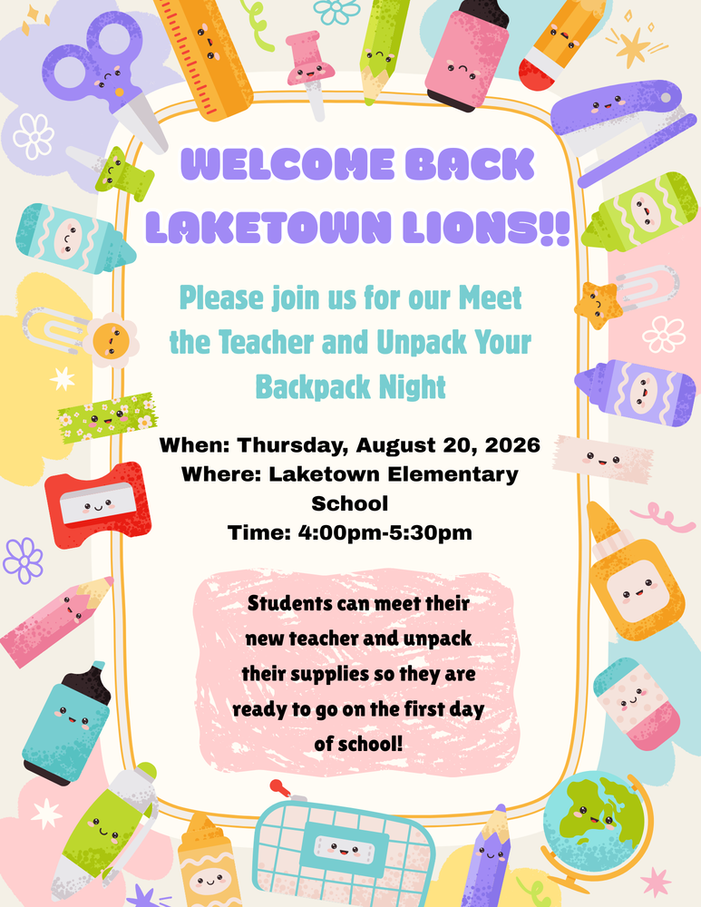 Flyer inviting families to our Meet the Teacher/Unpack Your Backpack Night.