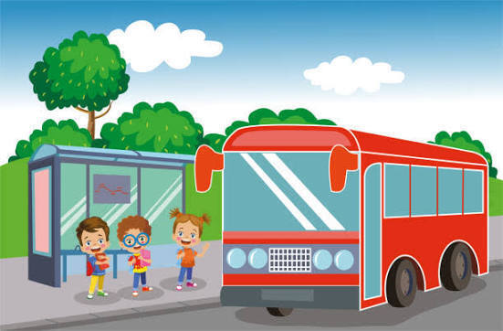Kids standing at a bus stop with red bus
