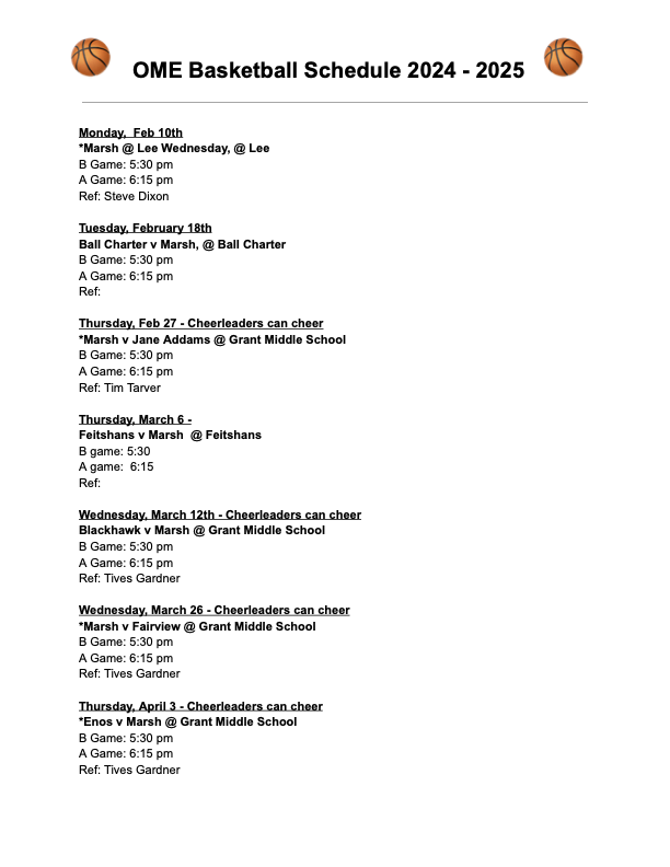 Basketball Schedule 2024 - 2025