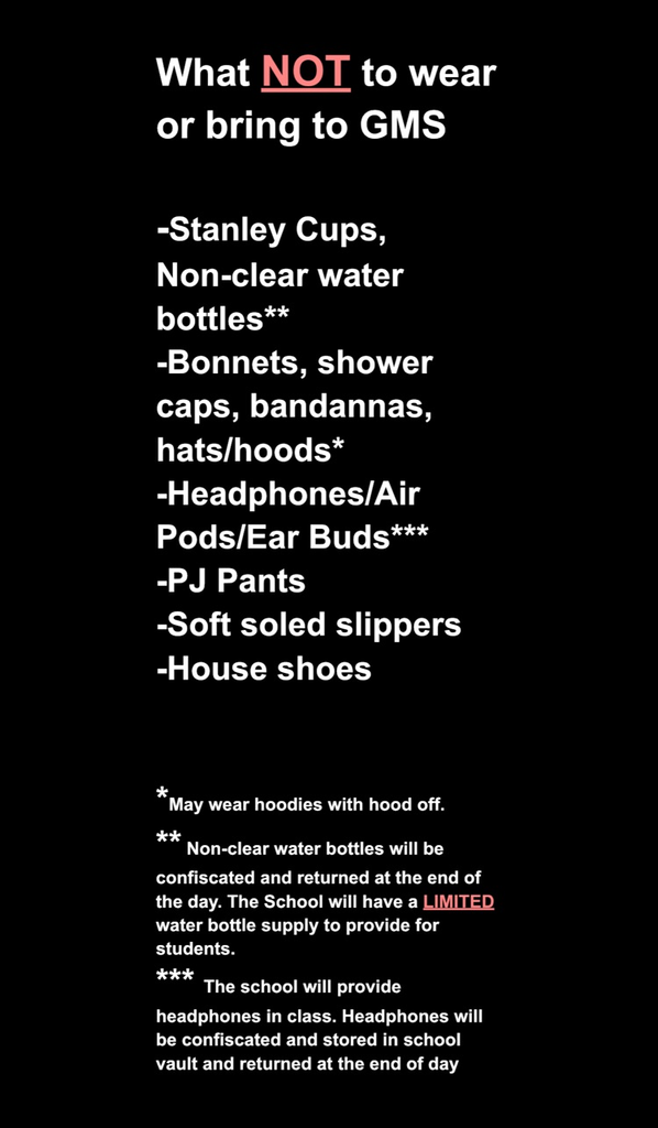 Items not to bring Monday