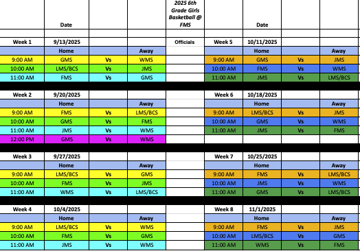 6th Grade Girls Basketball Schedule