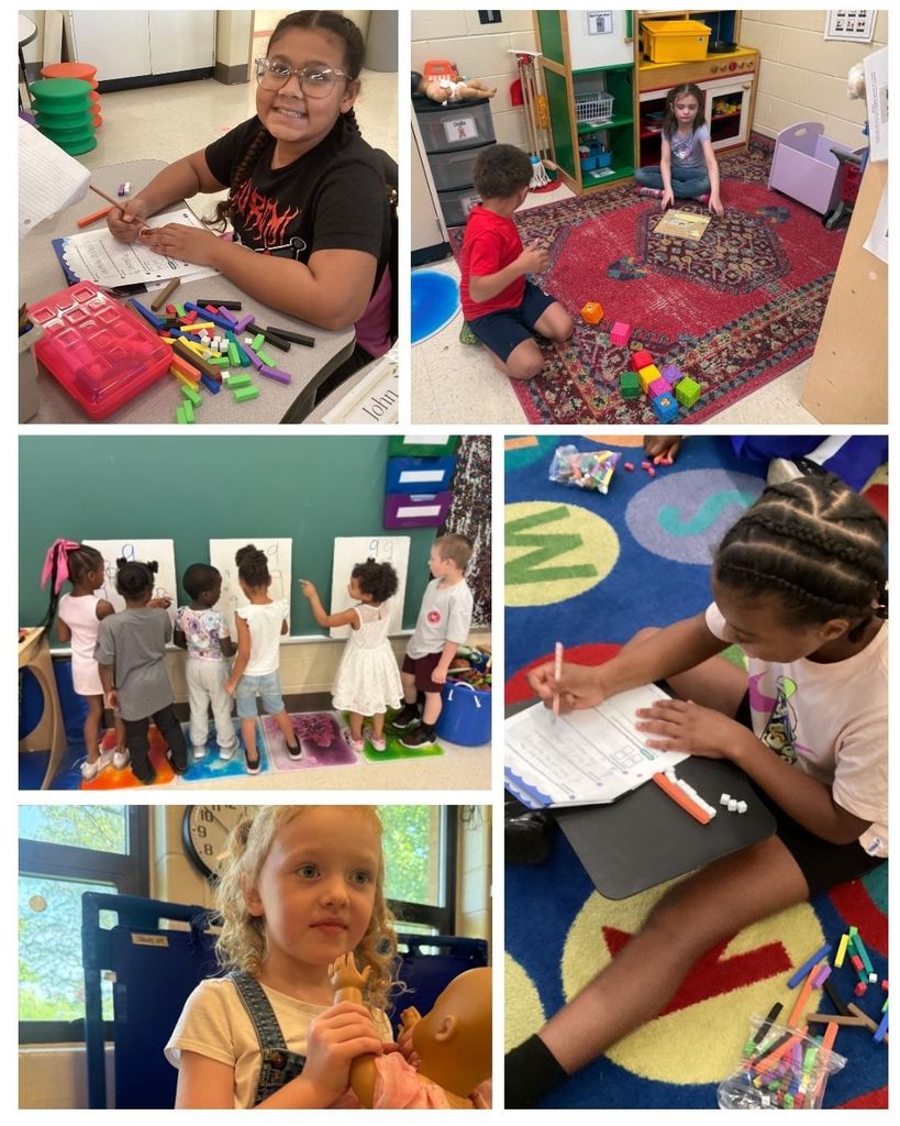 Lee students are working hard and enjoying play. Students are at desks, vertical learning spaces, and smiling.
