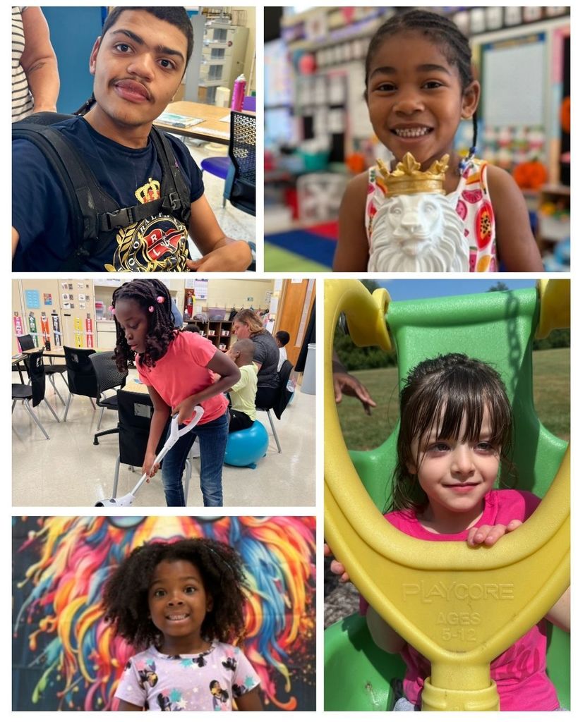Lee students are working hard and enjoying play. Students are at desks, vertical learning spaces, and smiling.