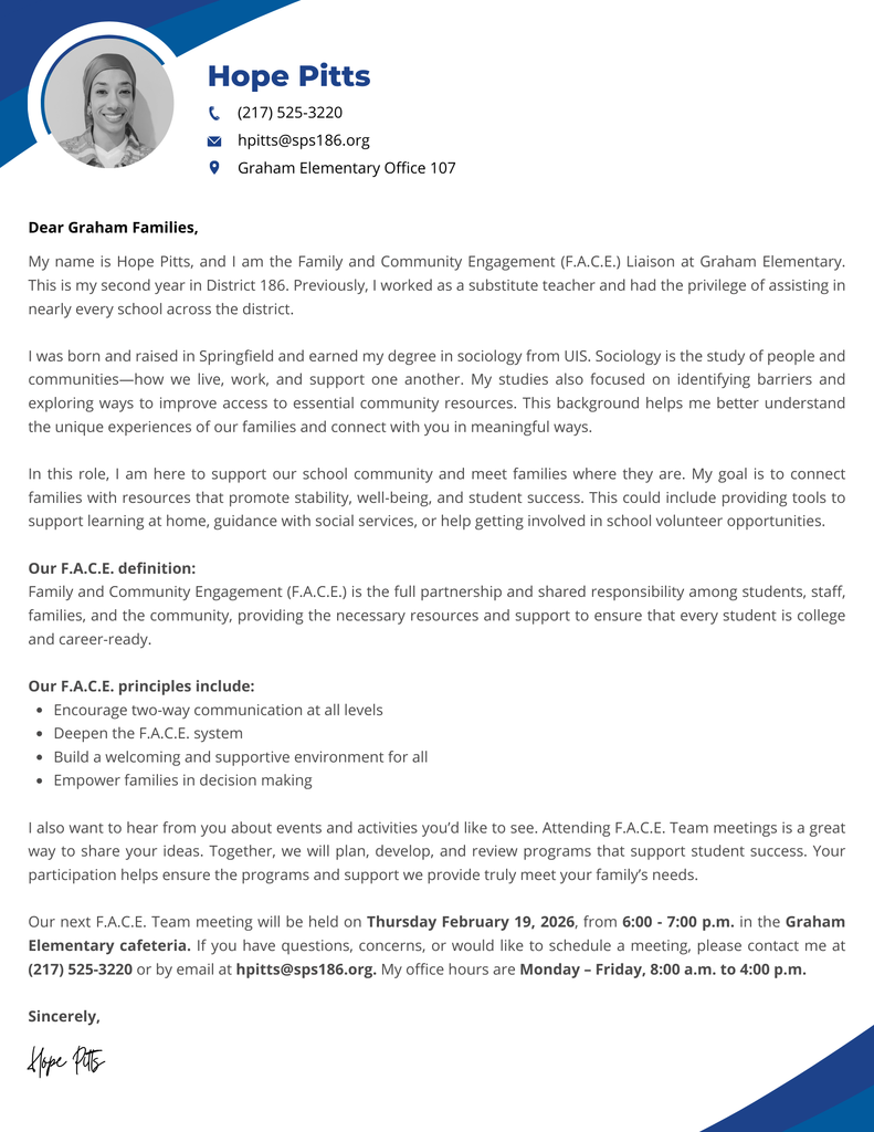 Hope Pitts  F.A.C.E. Liaison Introduction Letter