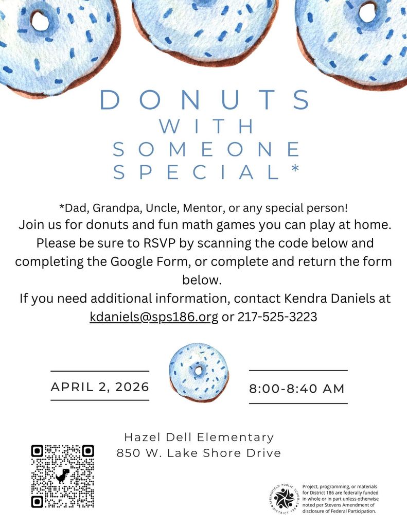Event poster with text "Donuts with Someone Special" and three donuts. QR code and date 04/02/2026.